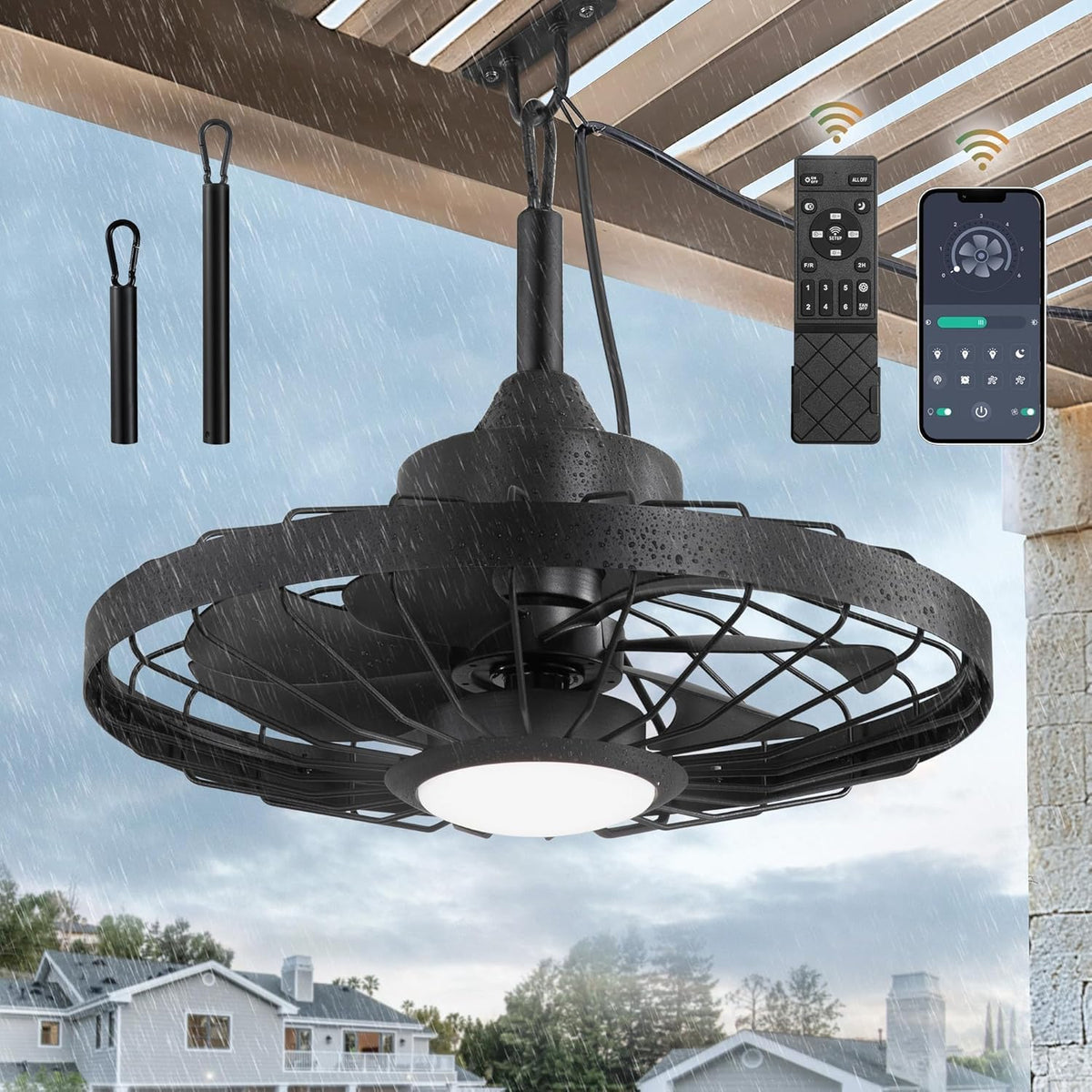 Huyoy Ventilator Plafondventilator, IP65 waterdicht, met licht en afstandsbediening, voor buiten, ledlamp, met ventilator, voor tuin en terras, voor