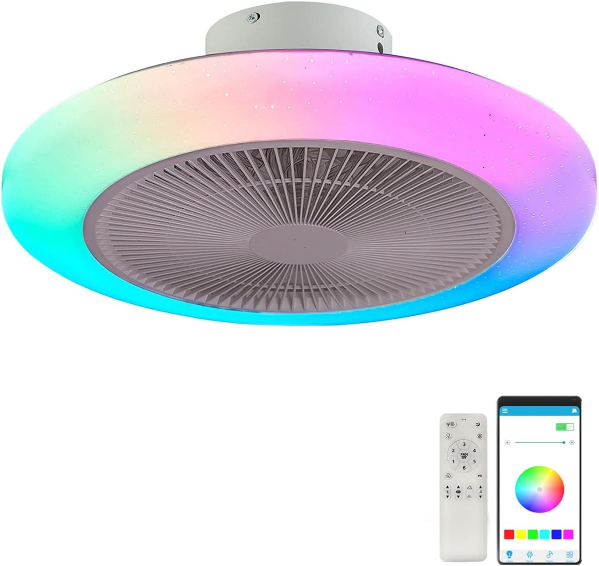 Jzcdr Ventilator RGB Plafondlamp, met lamp dimbare afstandsbediening en App Control Bluetooth Speaker Muziek moderne Plafondverlichting slaapkamer