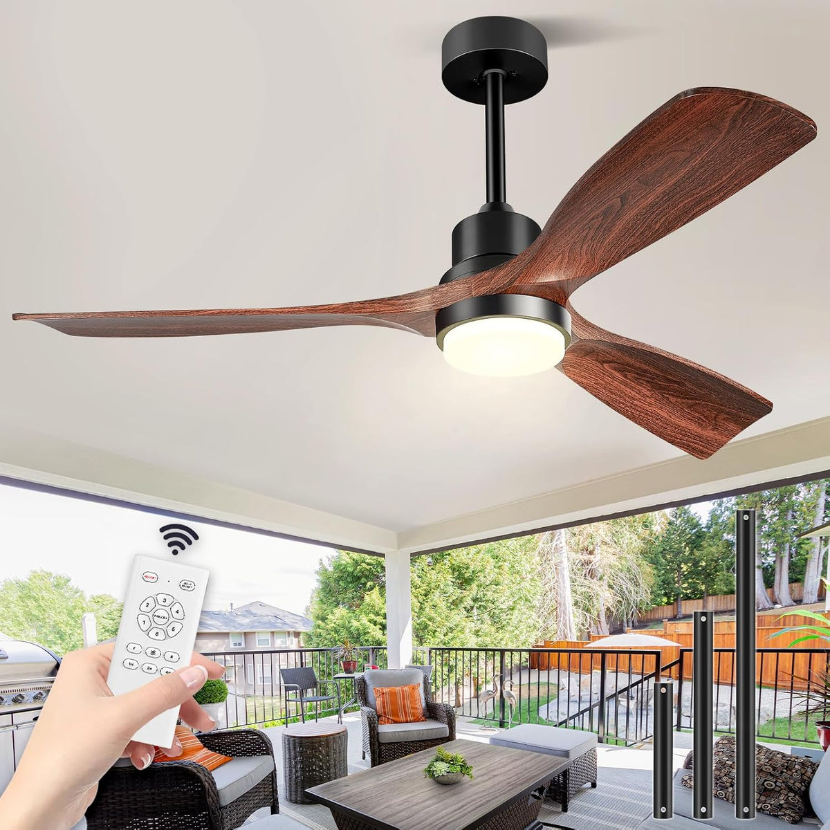 Forrovenco Ventilator Plafondventilator, 52 inch (132 cm), 3 vleugels, 6 snelheden, met verlichting en afstandsbediening, timer, stille DC-motor